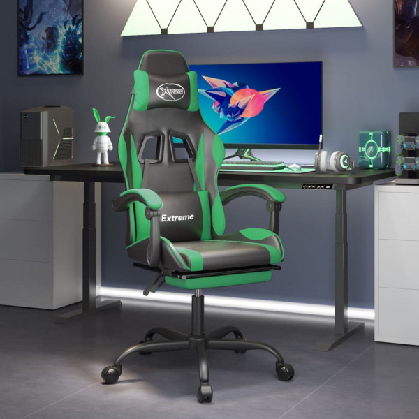 Silla gaming con reposapiés cuero sintético negro verde D