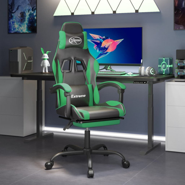 Silla gaming giratoria y reposapiés cuero sintético negro verde D