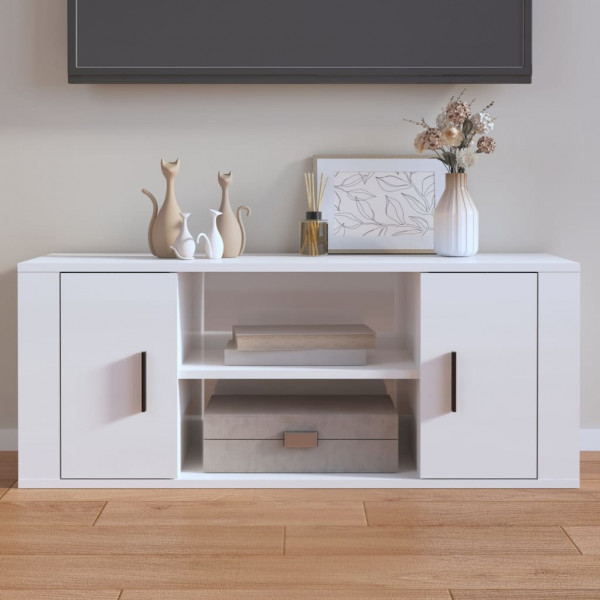 Mueble de TV madera contrachapada blanco brillo 100x35x40 cm Mueble de TV madera contrachapada blanco brillo 100x35x40 cm D