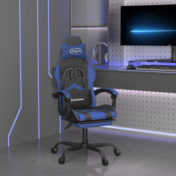 Silla gaming giratoria y reposapiés cuero sintético negro azul D