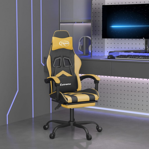 Cadeira giratória para jogos apoio para os pés couro sintético preto dourado D