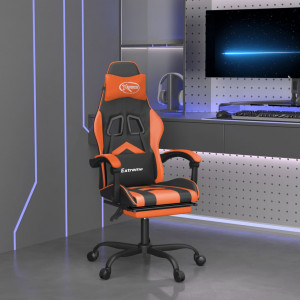 Silla gaming giratoria reposapiés cuero sintético negro naranja D