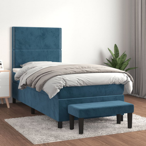 Cama box spring con colchón terciopelo azul oscuro 80x200 cm D