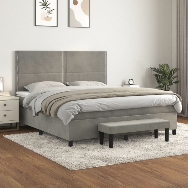 Cama box spring con colchón terciopelo gris claro 160x200 cm D