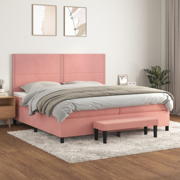 Cama box spring con colchón terciopelo rosa 200x200 cm D