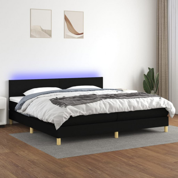 Cama box spring con colchón LED tela negro 200x200 cm D