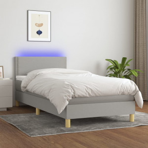 Cama box spring con colchón tela y LED gris claro 80x200 cm D