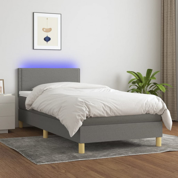 Cama box spring com colchão e LED tecido cinza escuro 80x200 cm D