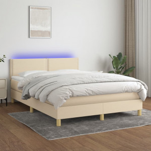Cama box spring con colchón y LED tela crema 140x200 cm D