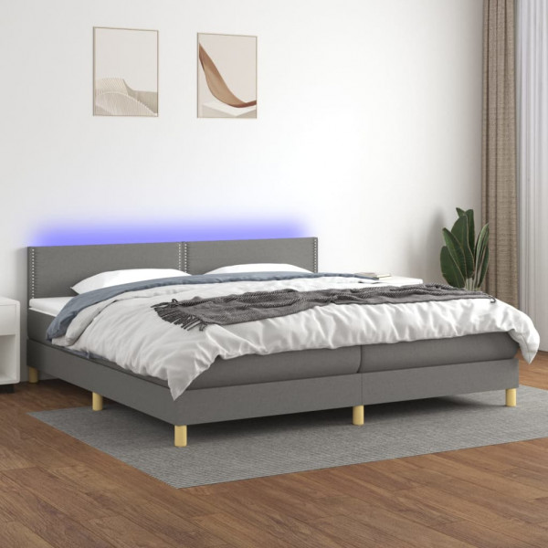 Cama box spring com colchão e LED tecido cinza escuro 200x200 cm D