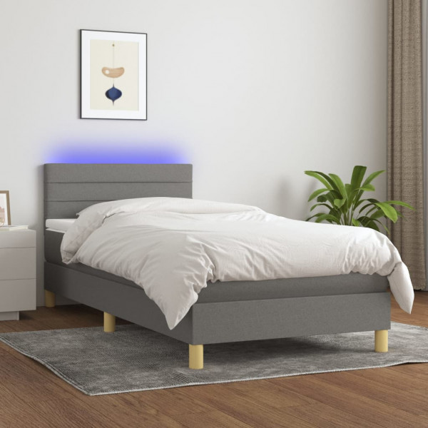 Cama box spring com colchão e LED tecido cinza escuro 90x200 cm D