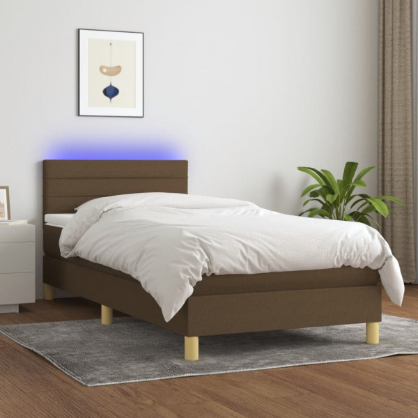Cama box spring con colchón LED tela marrón oscuro 90x200 cm D