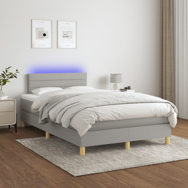 Cama box spring con colchón tela y LED gris claro 120x200 cm D