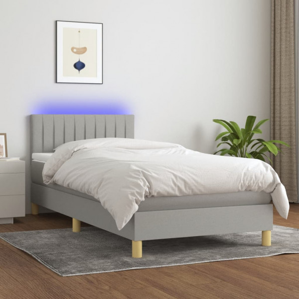 Cama box spring com colchão de tecido e LED cinza claro 80x200 cm D
