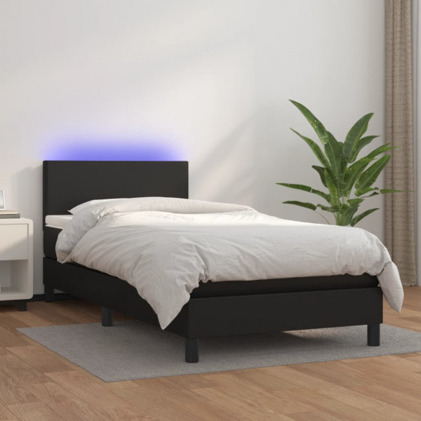 Cama box spring y colchón LED cuero sintético negro 80x200 cm D