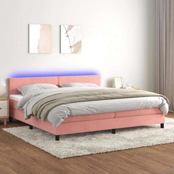 Cama box spring colchão e LED veludo rosa 200x200 cm D
