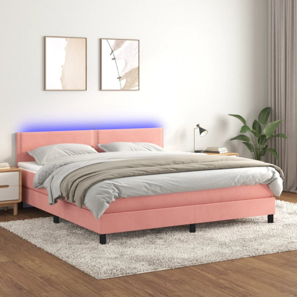 Cama box spring colchão e LED veludo rosa 160x200 cm D