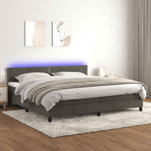 Cama box spring colchón y LED terciopelo gris oscuro 200x200 cm D