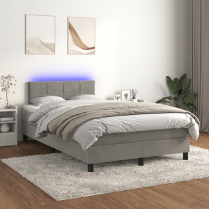 Cama box spring colchón y LED terciopelo gris claro 120x200 cm D