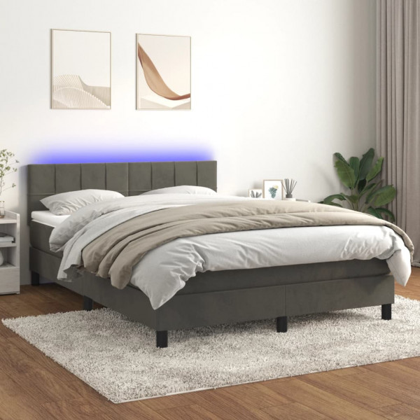 Cama box spring com colchão e veludo LED cinza escuro 140x200 cm D