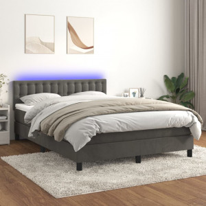 Cama box spring colchón y LED terciopelo gris oscuro 140x200 cm D