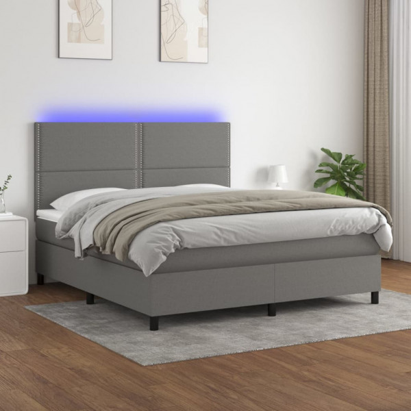 Cama box spring colchão e luzes LED tecido cinza escuro 180x200 cm D