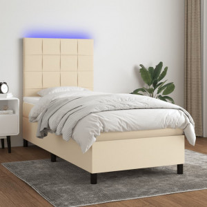 Cama box spring colchón y luces LED tela crema 90x200 cm D