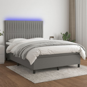 Cama box spring colchón y luces LED tela gris oscuro 140x200 cm D