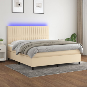 Cama box spring colchón y luces LED tela crema 160x200 cm D