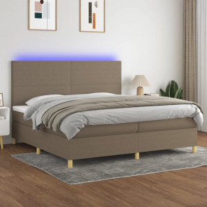 Cama box spring colchón y luces LED tela gris taupe 200x200 cm D