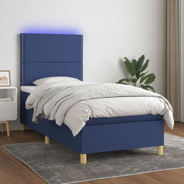 Cama box spring colchão e luzes LED tecido azul 90x190 cm D