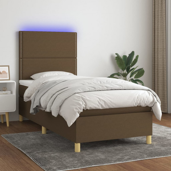Cama box spring colchón luces LED tela marrón oscuro 100x200cm D