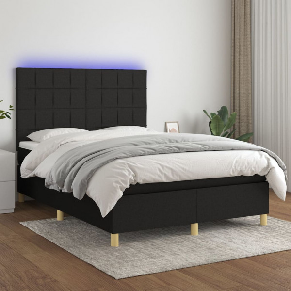Cama box spring colchón y luces LED tela negro 140x200 cm D