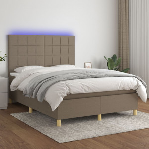 Cama box spring colchón y luces LED tela gris taupe 140x200 cm D