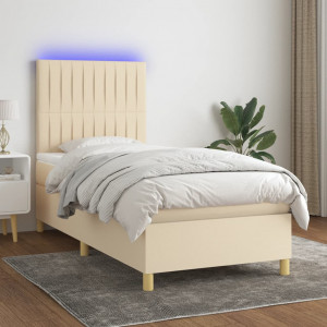 Cama box spring colchón y luces LED tela crema 90x200 cm D