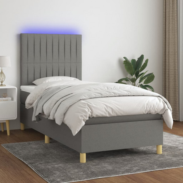 Cama box spring colchón y luces LED tela gris oscuro 100x200 cm D