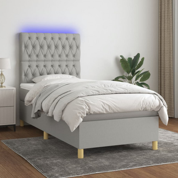 Cama box spring colchón y luces LED tela gris claro 90x200 cm D