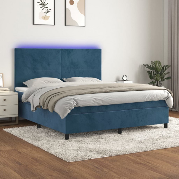 Cama box spring com colchão e veludo LED azul escuro 180x200 cm D