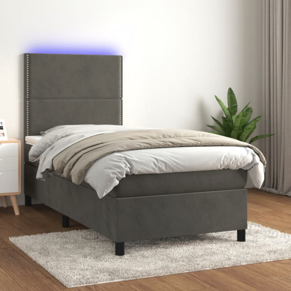 Cama box spring colchão e LED veludo cinza escuro 80x200 cm D