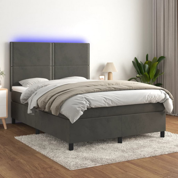 Cama box spring colchão e LED veludo cinza escuro 140x200 cm D