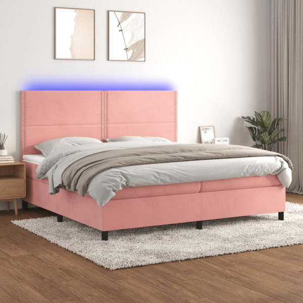 Cama box spring colchão e LED veludo rosa 200x200 cm D