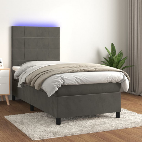 Cama box spring com colchão e veludo LED cinza escuro 80x200 cm D