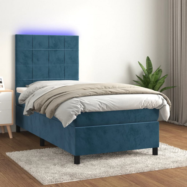 Cama box spring com colchão e veludo LED azul escuro 90x190 cm D