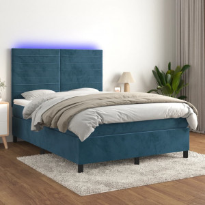 Cama box spring colchón y LED terciopelo azul oscuro 140x190 cm D