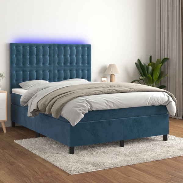 Cama box spring colchón y LED terciopelo azul oscuro 140x200 cm D