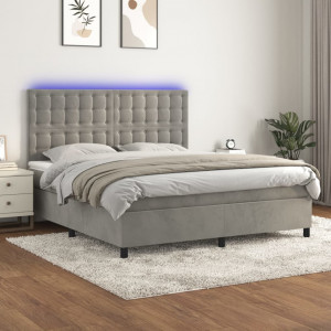 Cama box spring colchón y LED terciopelo gris claro 160x200 cm D