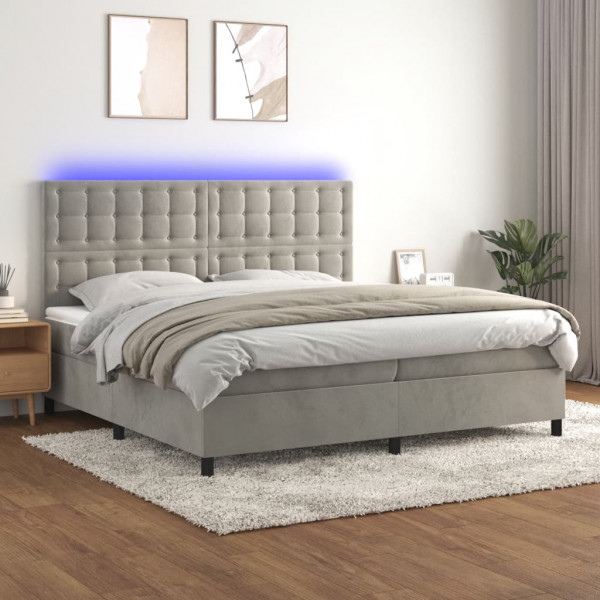 Cama box spring colchão e LED veludo cinza claro 200x200 cm D