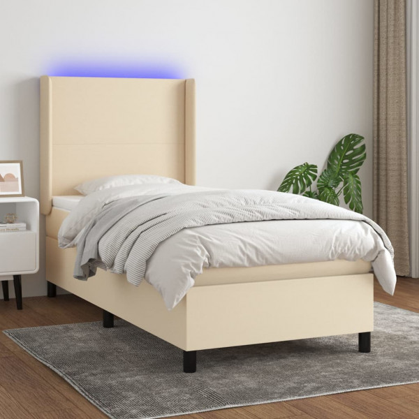 Colchão de cama box spring e luzes LED tecido creme 90x200 cm D