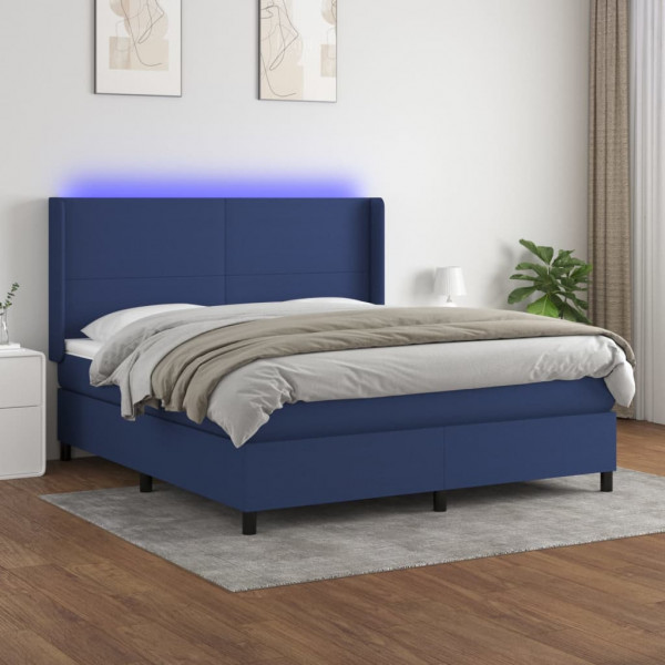 Cama box spring colchón y luces LED tela azul 160x200 cm D