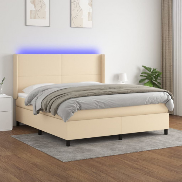Cama box spring colchón y luces LED tela crema 180x200 cm D